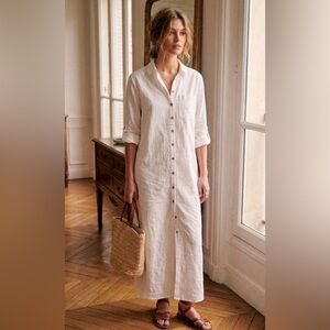 Boho Cottagecore White Cotton Longline Shirt Dress | Pocket & Roll-Tab Sleeves L